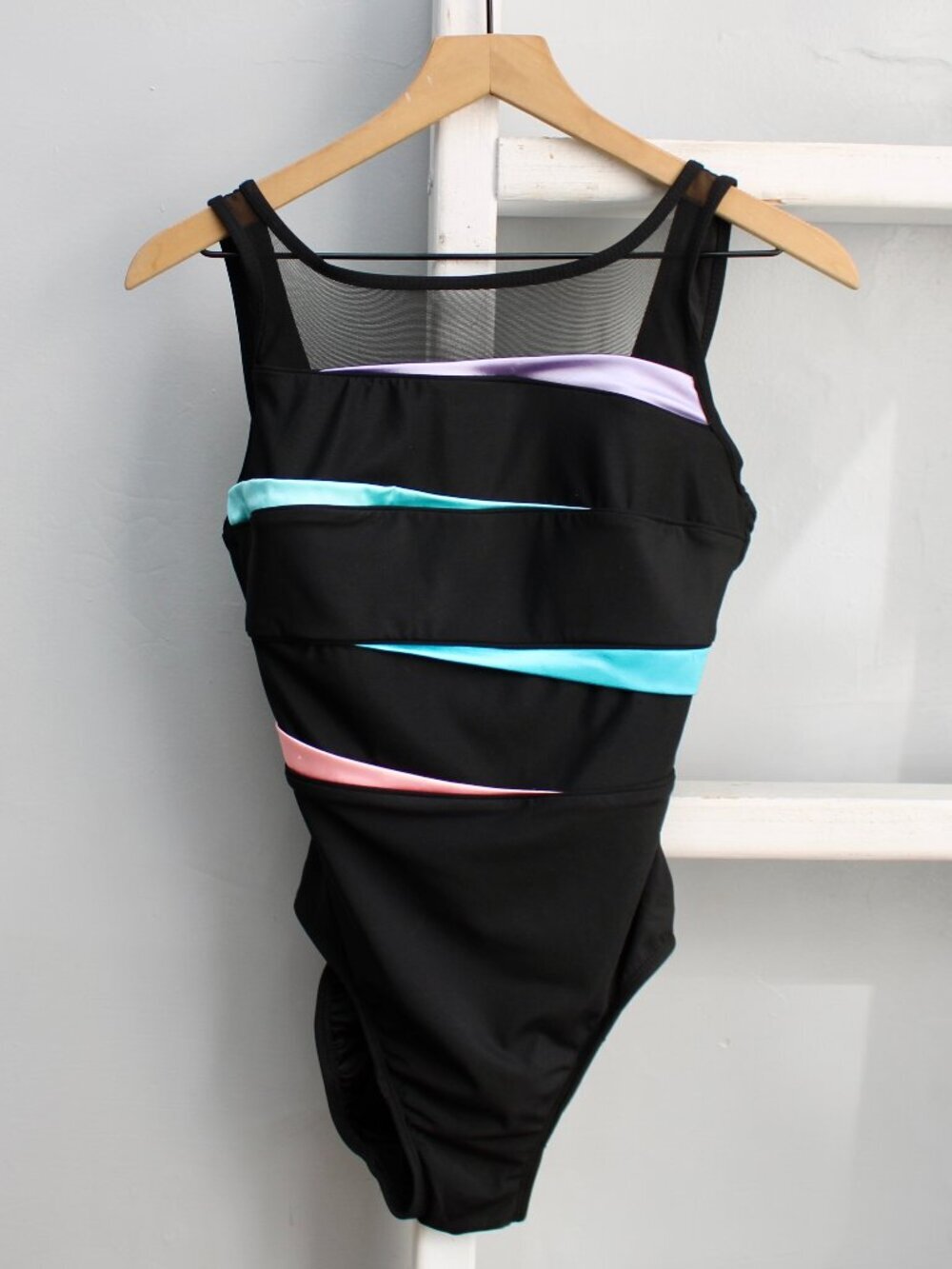 Longitude VTG 90s Black Colorful Stripe Satin One Piece Swimsuit Mesh Top Size 8